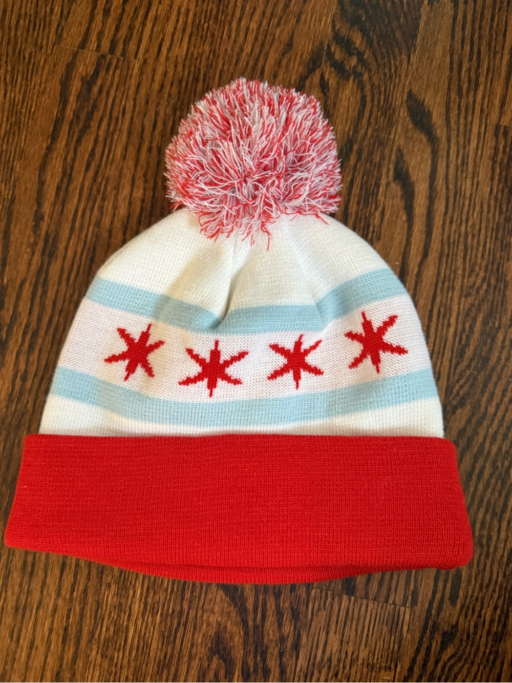AKsels Red & White Pom Chicago Flag Beanie with Light Blue Stripes